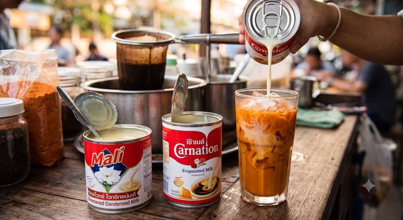 Cans of condensed and evaporated milk next to a Thai iced tea at a street stall