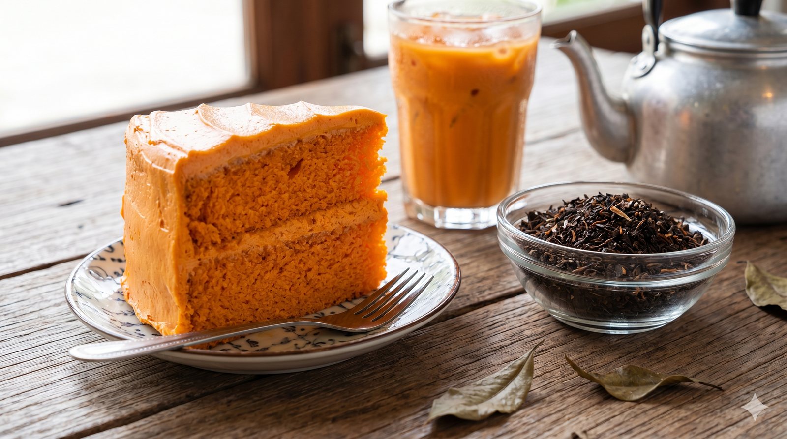 Sliced Thai tea cake with condensed-milk frosting on a cake stand