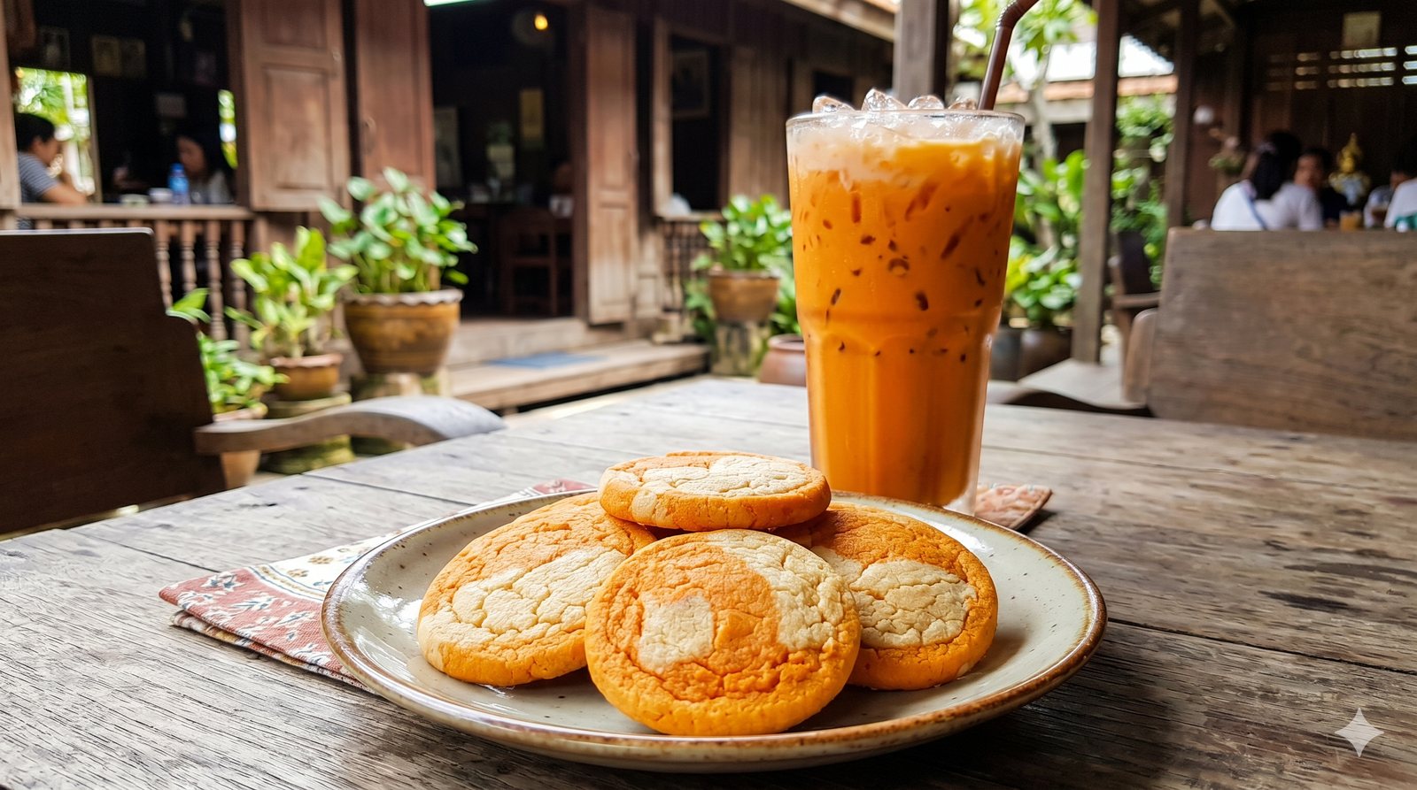 Thai tea cookies dusted with tea powder on a ceramic plate