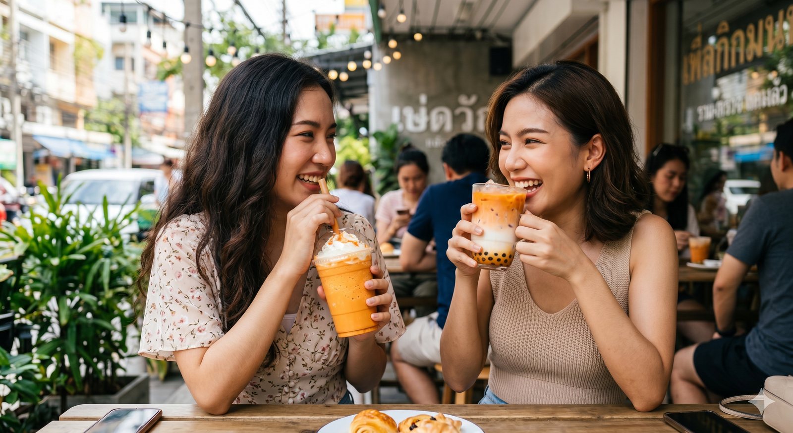 Thai tea smoothie topped with whipped cream in a tall glass