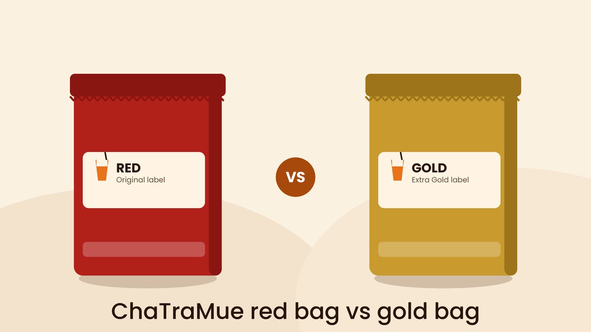 Flat illustration comparing the ChaTraMue red bag and the Extra Gold bag of Thai tea mix side by side