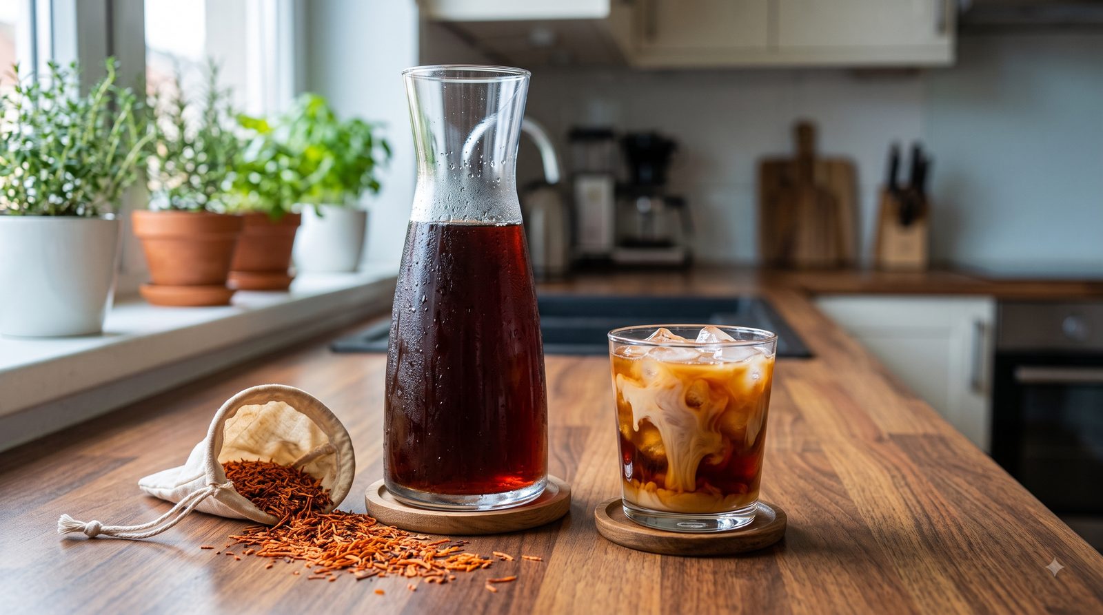 A glass carafe of cold-brewed Thai tea beside loose tea leaves, a strainer bag and a finished glass over ice