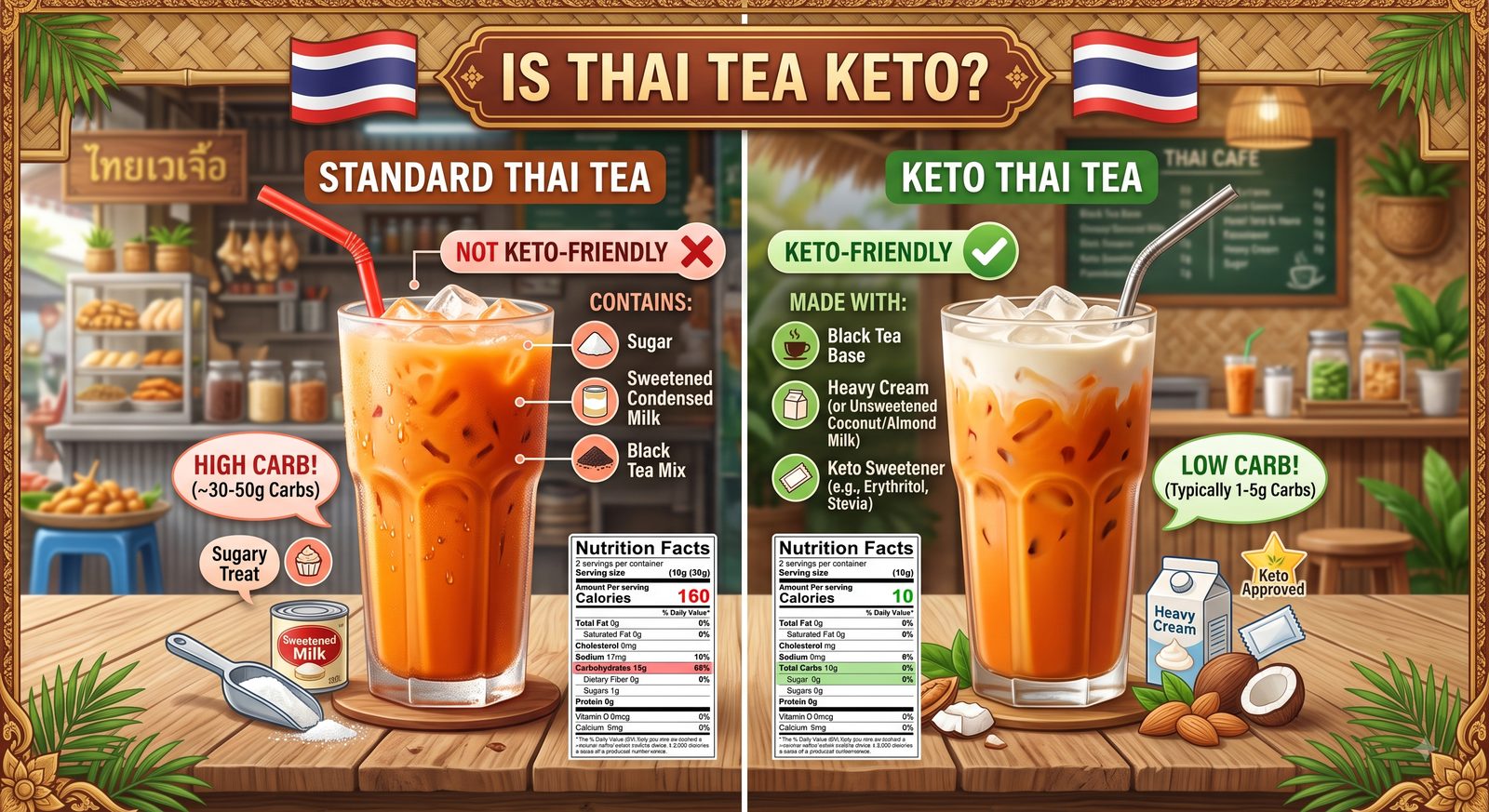 Side-by-side comparison of standard high-carb Thai tea versus a keto-friendly low-carb version
