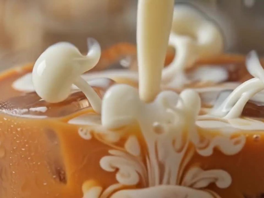 Thai iced tea with a swirl of condensed milk being poured, illustrating Karun&rsquo;s luxury bottled teas