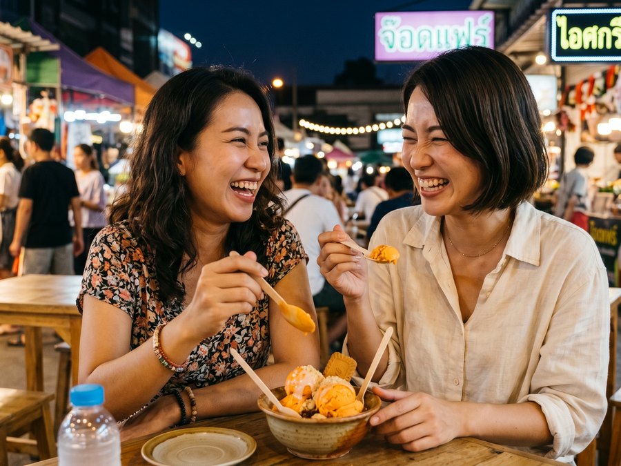 Two friends sharing a bowl of Thai tea shaved ice at a Bangkok night market