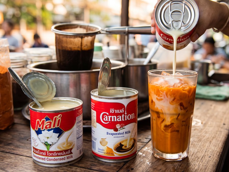 Evaporated and condensed milk being poured into Thai iced tea at a Bangkok street stall