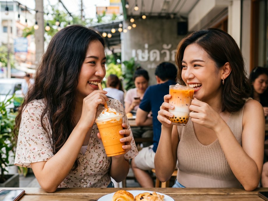 Two friends drinking layered Thai tea creations at a bright Bangkok cafe