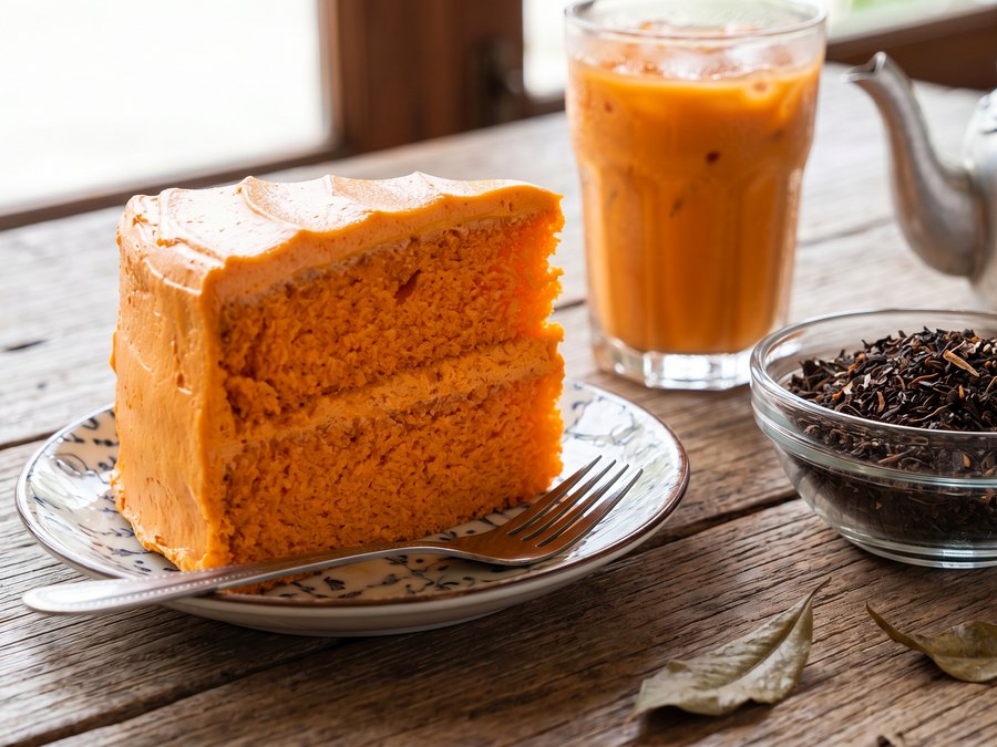 A slice of Thai tea cake beside a glass of cha yen, illustrating After You’s dessert menu