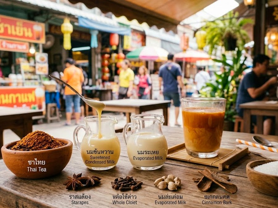 A Thai tea tasting flight with loose leaves, condensed and evaporated milk and spices