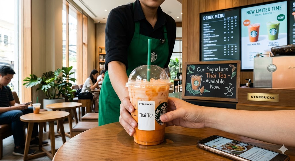 Glass of bright orange Thai iced tea with a milk swirl