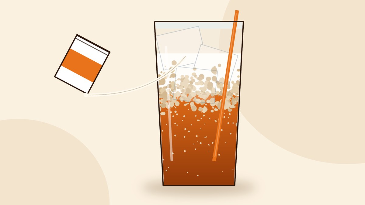Illustration of a glass of Thai iced tea with curdled, flecked milk sitting on top of the orange tea layer