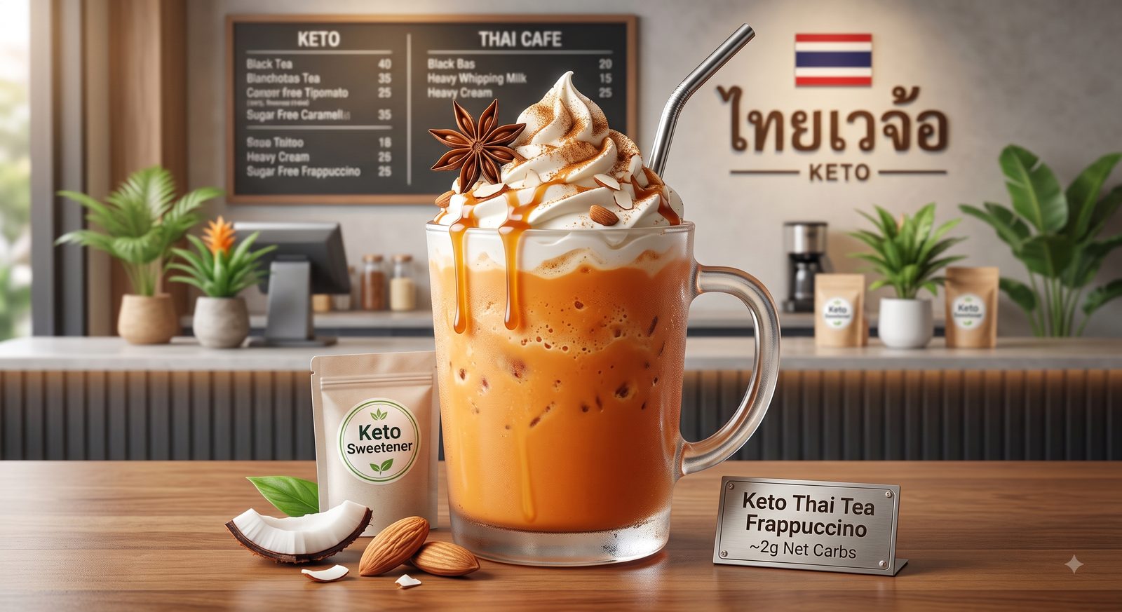 Keto Thai tea frappuccino topped with whipped cream, star anise and cinnamon in a glass mug