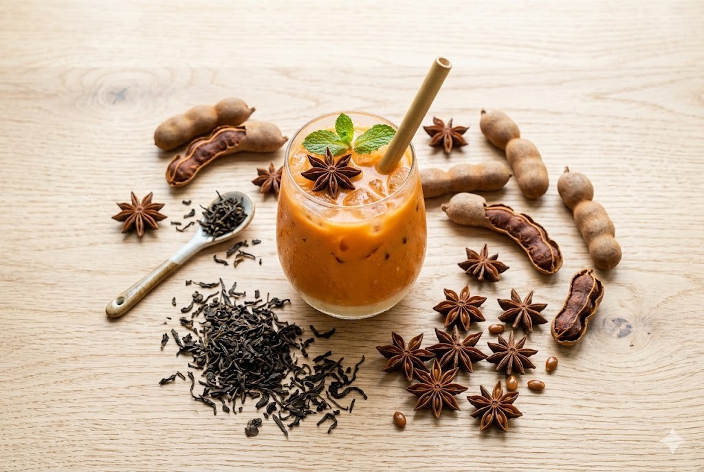 A glass of Thai iced tea on a table