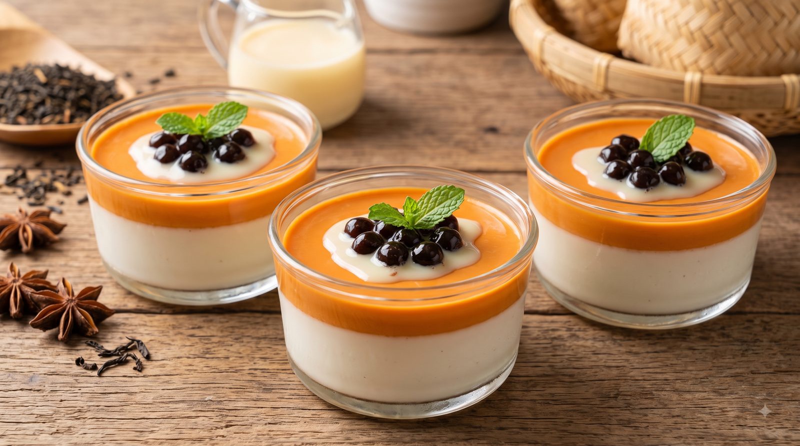 Three glasses of layered Thai tea panna cotta topped with tapioca pearls and fresh mint