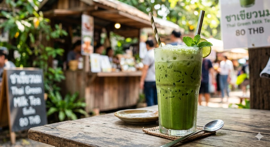 Iced Thai green milk tea with a creamy condensed-milk swirl
