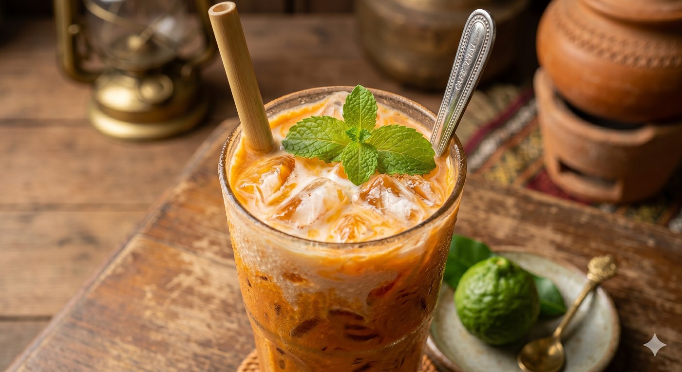 Close-up of creamy orange Thai iced tea in a glass