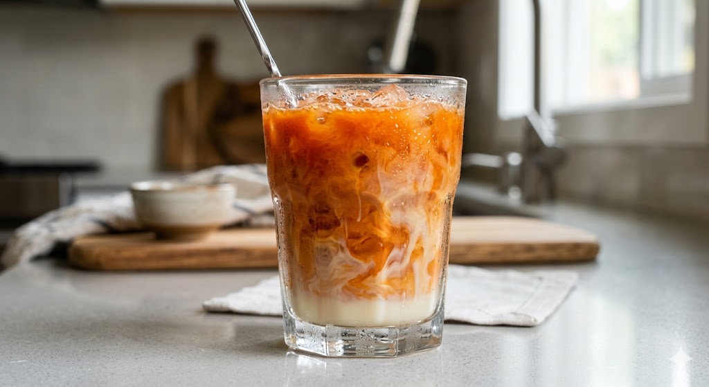 Glass of Thai iced tea beside tea leaves