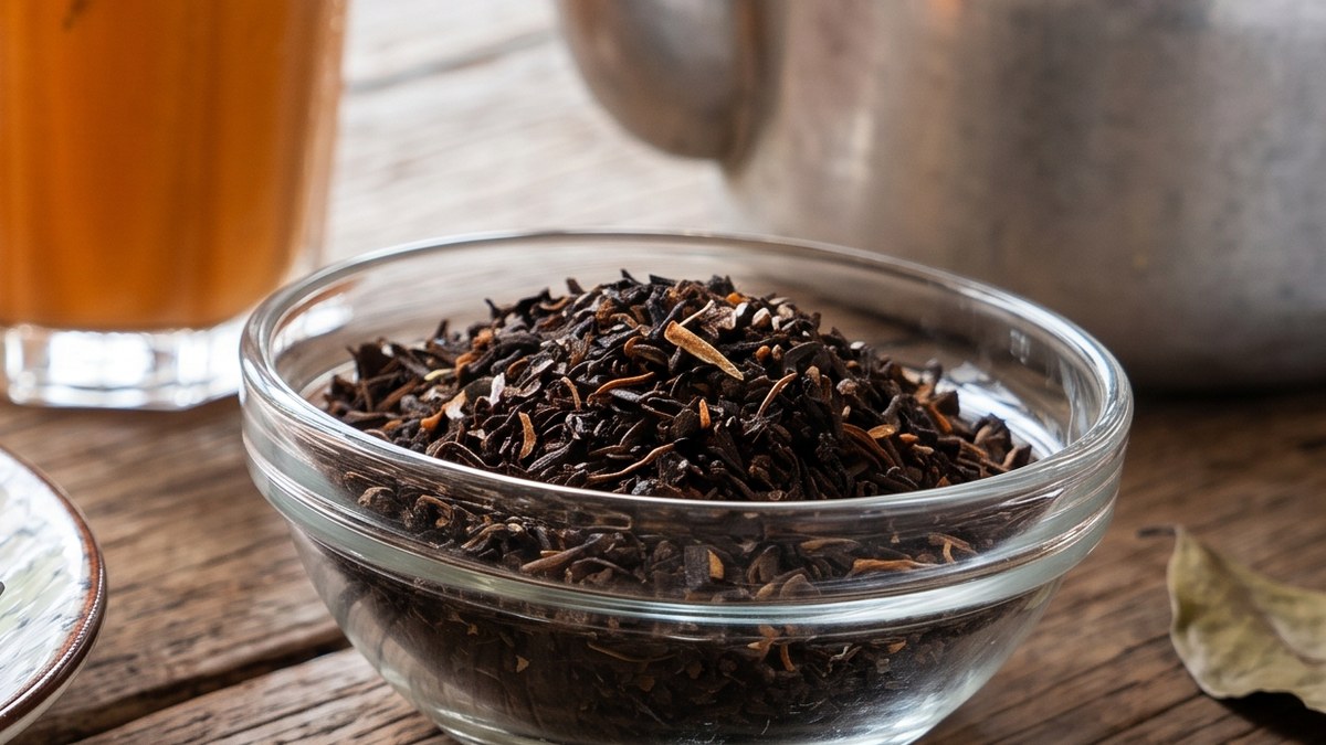 Loose Thai tea leaves in a glass bowl beside a brewed glass of cha yen and a metal brewing pot